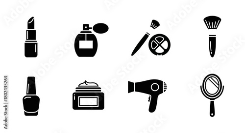Beauty icons set: essential makeup and skincare tools in black silhouette style