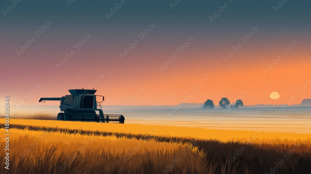 Fototapeta premium Golden Wheat Fields at Dusk with a Machine Cutting in a Serene Farmland Landscape