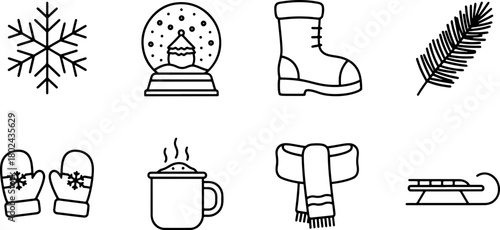 Winter wonderland icons for cozy holiday designs: Snowflake, snow globe, boot, pine, mittens, cocoa, scarf, sled deliver seasonal charm for print, web, and more
