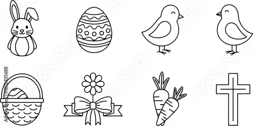 Adorable Easter icons with bunny, eggs, chicks, basket, flower, carrots, and cross for a charming springtime celebration, perfect for holiday crafts and designs