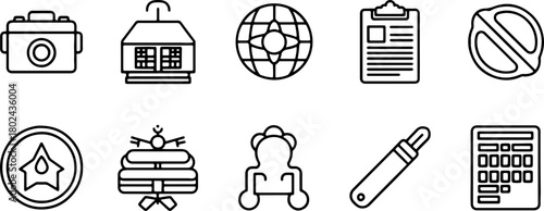 Travel icons for adventure and discovery, linear style perfect for tourism marketing, vacation planning and global business promotions in sleek design
