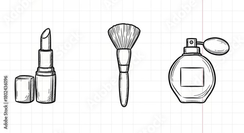 Hand drawn cosmetic set with lipstick, brush, and perfume on grid background