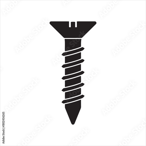 Flat Head Countersunk Wood Screw Vector Icon Black Silhouette Isolated on White Background