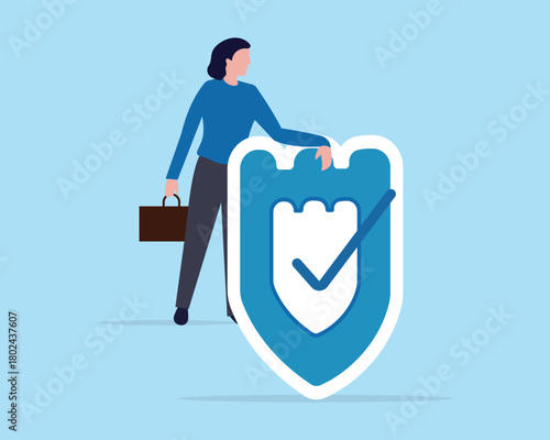Security safety, businessman holding strong protection shield and office bag. Privacy protect, defense from cyber attack, safeguard, guarantee template, poster and banner. vector illustration.