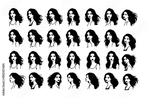 Black silhouette of a woman with long wavy hair flowing naturally, elegant feminine profile