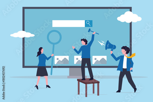 Teamwork develop website on computer screen, build homepage layout or html designer. Business people help to create web banner, website. Building software or application project, team planning. 