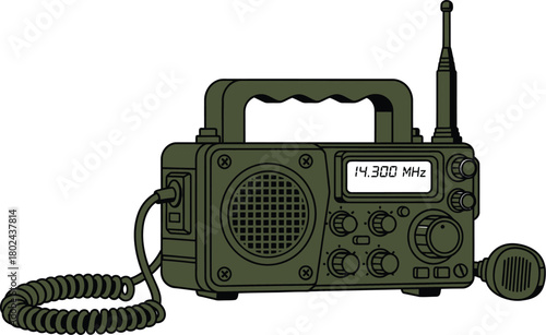 Vintage military green portable radio with antenna and microphone communication