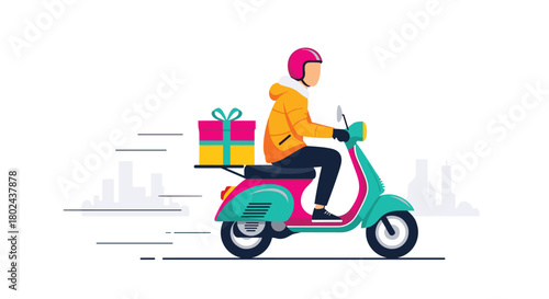Fast gift delivery service courier wearing a helmet and winter coat riding a colorful scooter through a city silhouette.