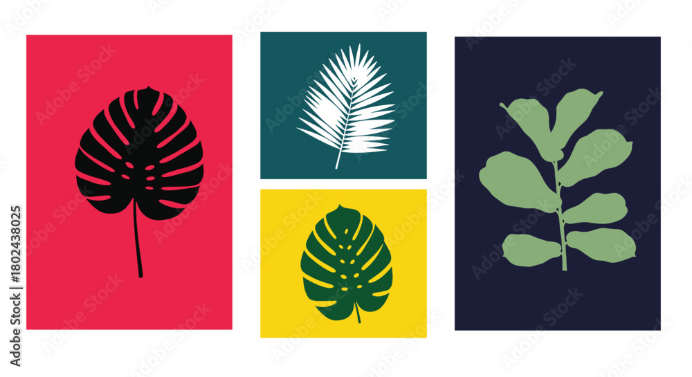 Fototapeta premium Modern collection of four minimalist botanical art prints featuring tropical leaf silhouettes on bold, colorful backgrounds.