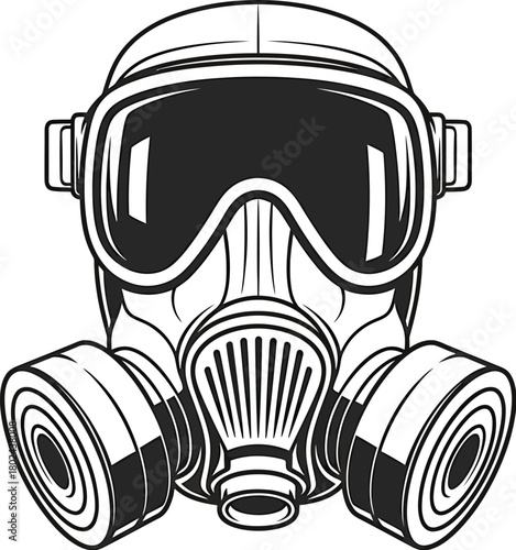 Black and white illustration of a gas mask with goggles and canisters respirator protection
