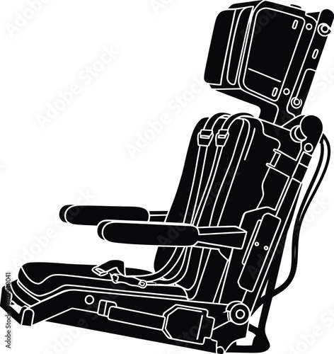 Black and white illustration of a complex mechanical seat with straps and armrests chair industrial