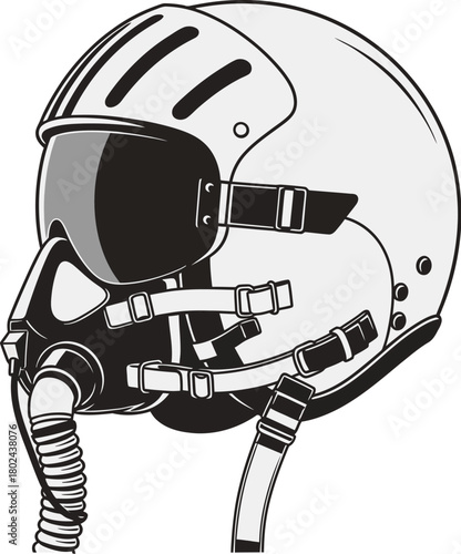 Black and white illustration of a pilot helmet with oxygen mask and visor vector