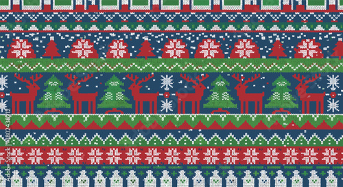 Seamless knitted pattern for a classic ugly Christmas sweater design featuring reindeer, pine trees, and snowflake motifs.