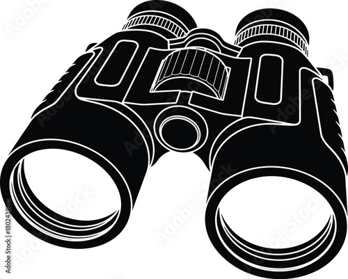 Black and white illustration of binoculars with white outlines optics vision