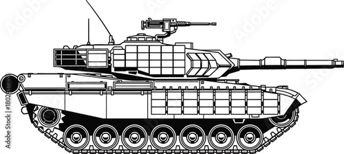 Black and white line art illustration of a modern military tank vehicle army