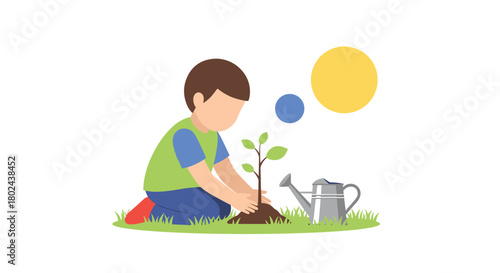 Young child carefully planting a small tree sapling in the grass, with a watering can ready for nurturing the new growth.