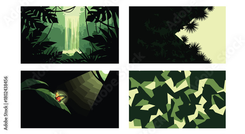 Set of four atmospheric jungle scenes featuring a dark, moody aesthetic with waterfall, foliage silhouettes, and a glowing butterfly.