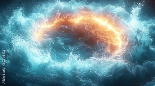 Bright flames merge with waves in a captivating display of color and movement