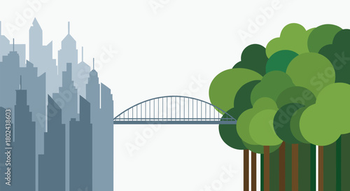 Conceptual illustration showing a bridge connecting a dense urban cityscape with a lush green forest, symbolizing balance.