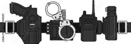 Black police duty belt with gun holster handcuffs radio and flashlight vector