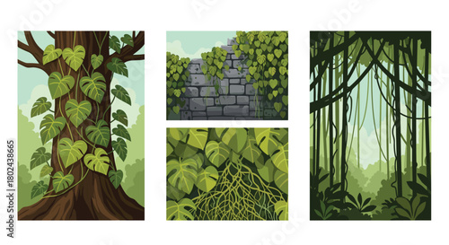 Set of four illustrations showcasing lush green lianas and climbing vines in a jungle, overgrowing trees and ancient ruins.