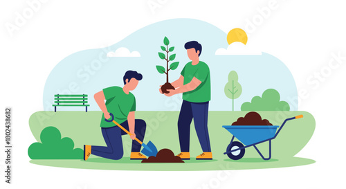 Two young men volunteering together to plant a new tree in a park, contributing to environmental conservation and community.