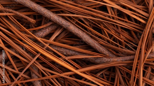 Close-up of intertwined brown pine needles and twigs on the forest floor, showcasing natural textures and colors