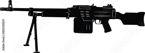 Black silhouette of a machine gun with bipod and ammo box on white background weapon military