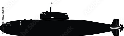 Black silhouette of a military submarine with antennas and propeller navy vessel