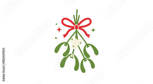 Festive sprig of Christmas mistletoe with green leaves, white berries, and a bright red ribbon bow, sparkling with magic.