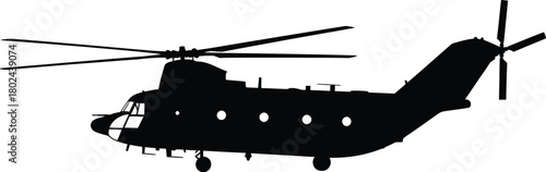 Black silhouette of a tandem rotor helicopter in flight on a white background aircraft aviation