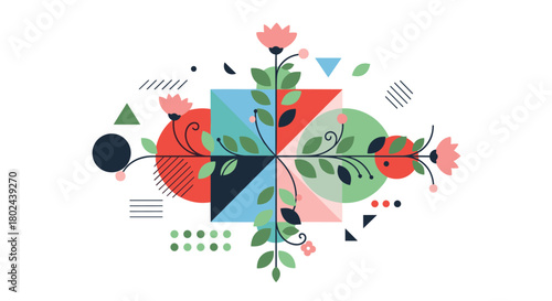 Symmetrical abstract composition balancing colorful geometric shapes with delicate, organic floral vines for a modern design.