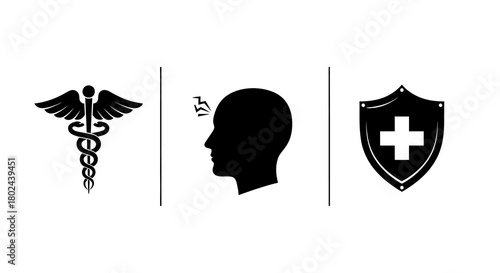 Healthcare icons: medical symbol, sleeping profile, shield with cross