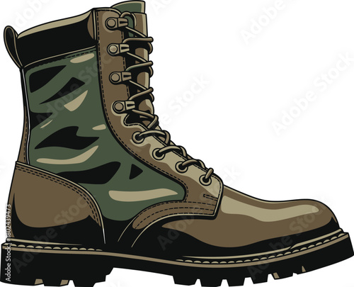 Camouflage military combat boot with brown leather and black sole green