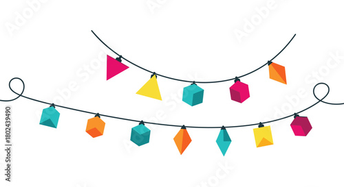 Festive party garland featuring two strings of colorful hanging lights with bulbs in various geometric shapes like cubes and triangles.
