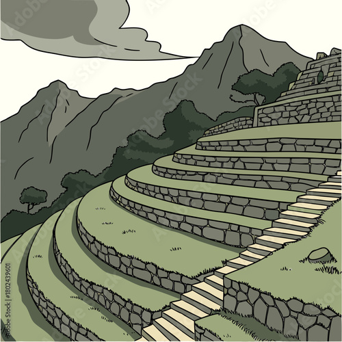 Ancient inca terraces and mountain landscape illustration