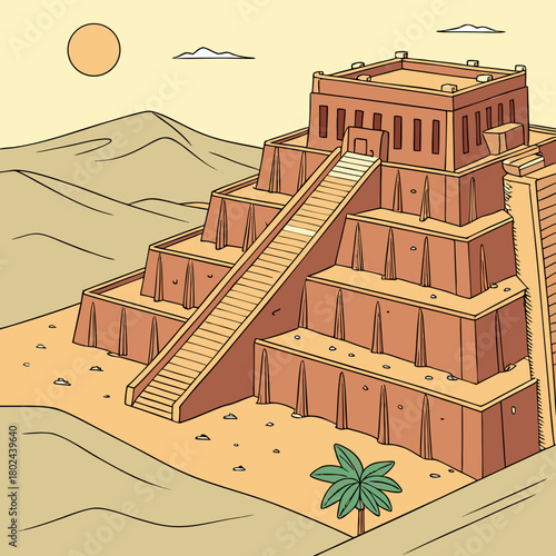 Ancient mesopotamian ziggurat in a desert landscape
