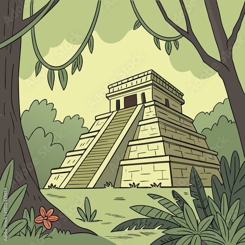 Ancient pyramid in a lush tropical jungle setting