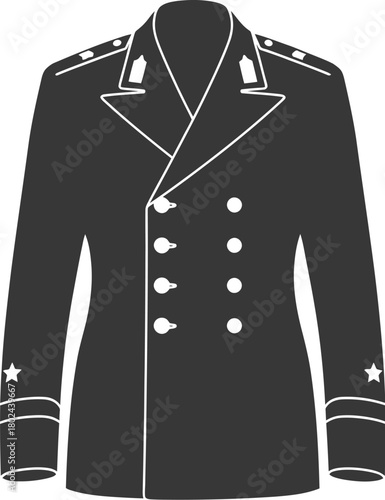 Dark gray double breasted military jacket with white trim and buttons uniform coat