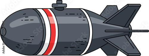 Dark gray bomb with red and white stripes and fins weapon explosion