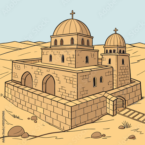 Ancient stone monastery with domes in a desert landscape