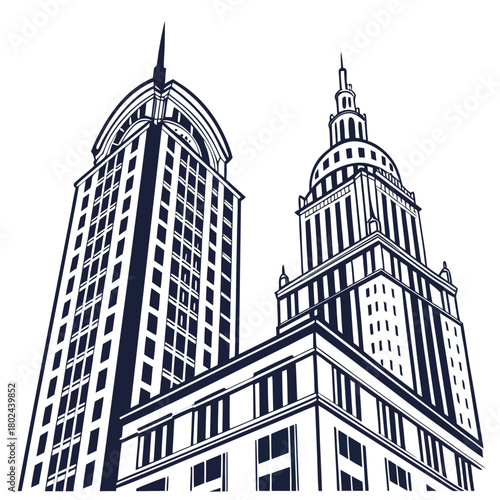 Artistic line drawing of two tall art deco skyscrapers