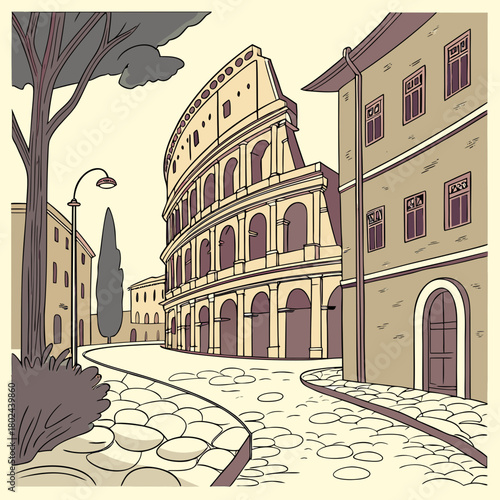 Artistic illustration of the colosseum in rome with cobblestone street