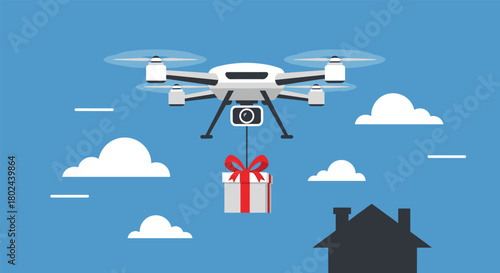 Modern delivery drone with a camera flying through a blue sky with clouds, carrying a white gift box with a red ribbon.