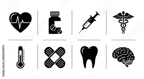 Medical and healthcare icons set: heart, syringe, medicine, and more in black silhouette