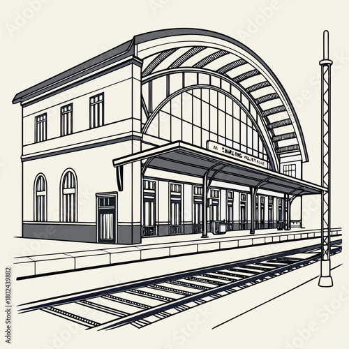 Artistic illustration of a historic train station with arched roof