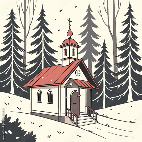 Charming white chapel nestled amongst tall evergreen trees