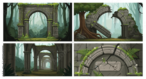 Set of four atmospheric scenes depicting ancient, moss-covered stone archway ruins being reclaimed by a dense, misty forest.