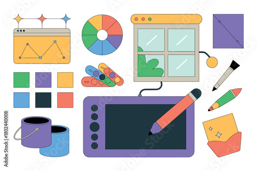 Digital art tools and color palettes are arranged on a white background.