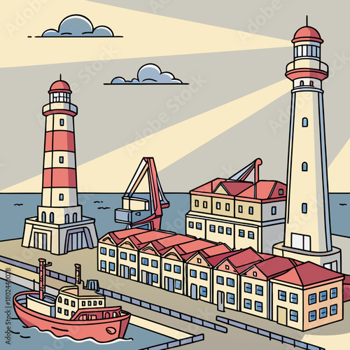 Coastal harbor scene with lighthouses and buildings